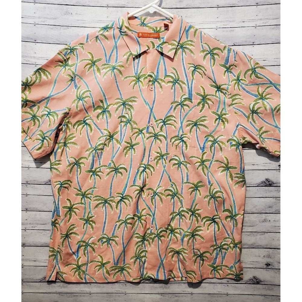 Tori Richard Mens Hawaiian Shirt Sz L 70% Silk Blend Palm Trees Peach Button Up